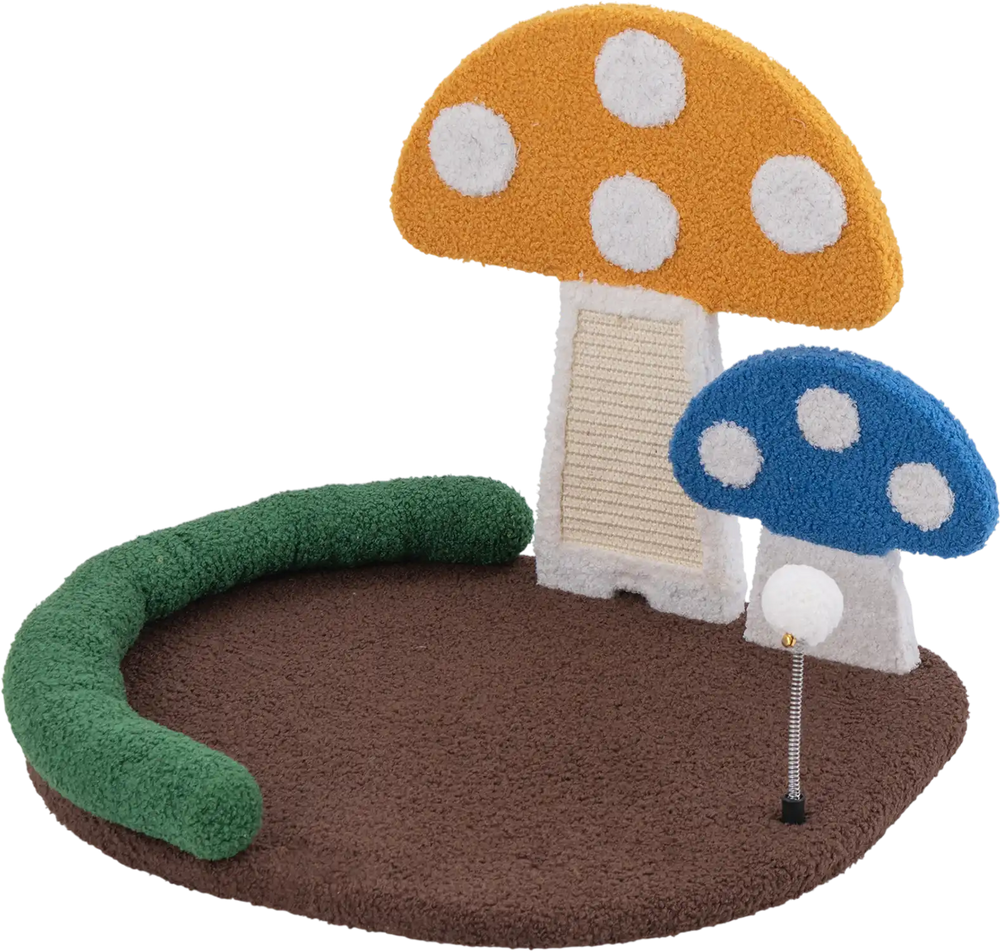 Mushroom cat bed with sisal scratch panel and playful ball, offering comfort and fun for your feline friend.