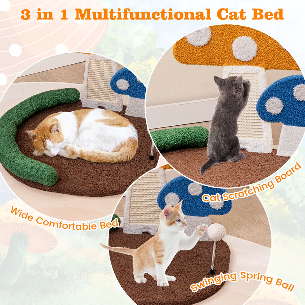 Multicolor mushroom cat bed with wide sleeping area, sisal scratch panel, and swinging ball for playful relaxation.