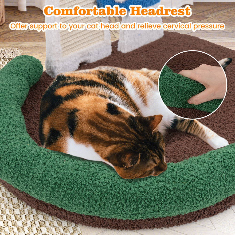Mushroom cat bed with soft headrest and sisal scratch panel, providing comfort and claw care for your feline friend.
