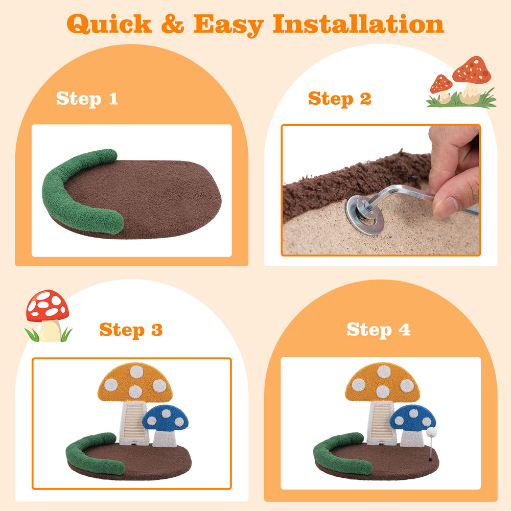 Mushroom cat bed with sisal scratch panel, featuring easy installation steps and playful design for feline comfort.