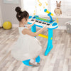 Kids piano keyboard toy in blue with microphone, featuring 31 keys, adjustable volume, and fun demo sounds for ages 3+.
