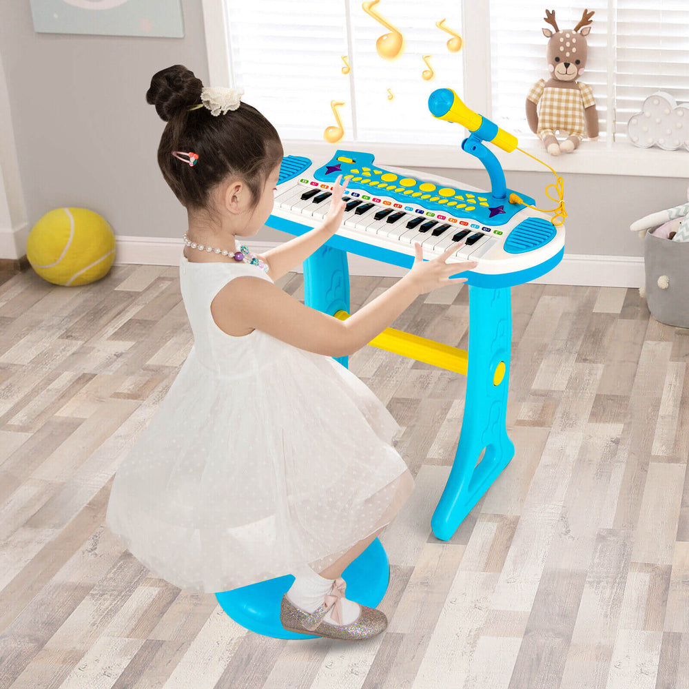 Kids piano keyboard toy in blue with microphone, featuring 31 keys, adjustable volume, and fun demo sounds for ages 3+.