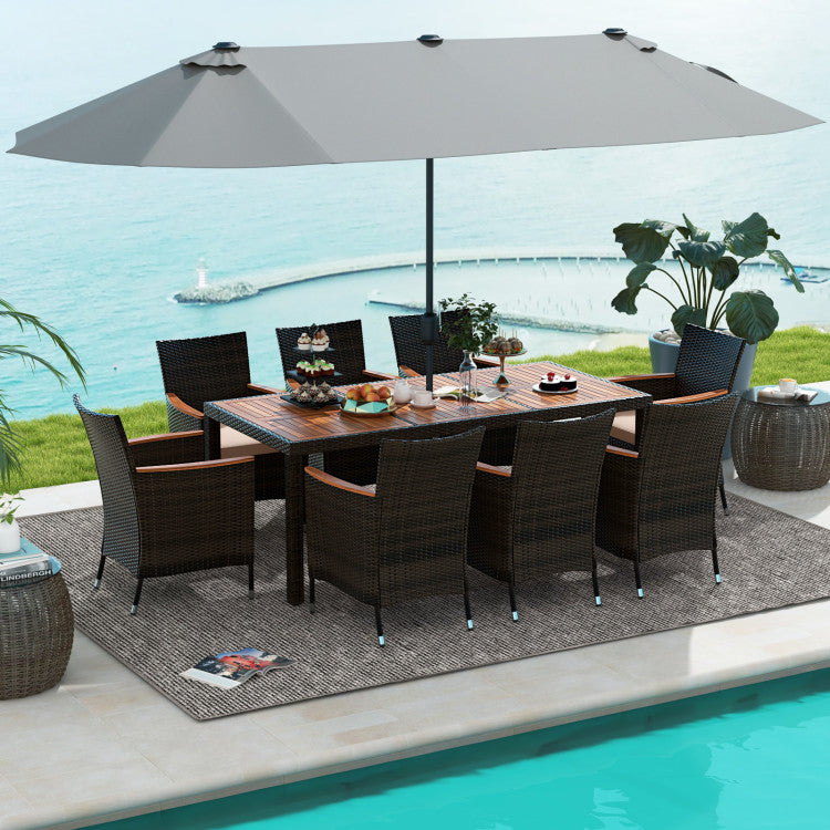 Costway Patio Furniture 10 PCS Outdoor Dining Set with 15" Umbrella and Wicker Chairs New