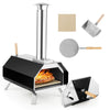 Outdoor pizza oven in black with pizza stone, foldable legs, and chimney, perfect for camping and quick cooking.