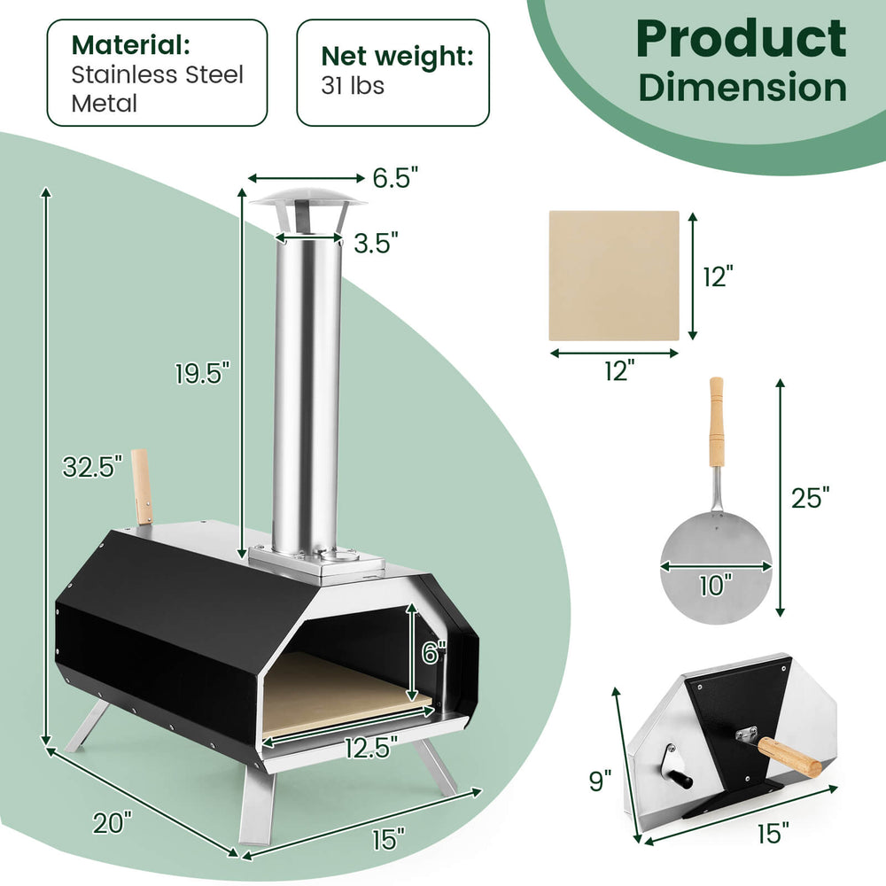 Outdoor pizza oven with stainless steel construction, foldable legs, and pizza stone, perfect for camping and outdoor.