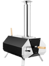 Outdoor pizza oven in black with stainless steel accents, featuring foldable legs and a chimney for easy transport.
