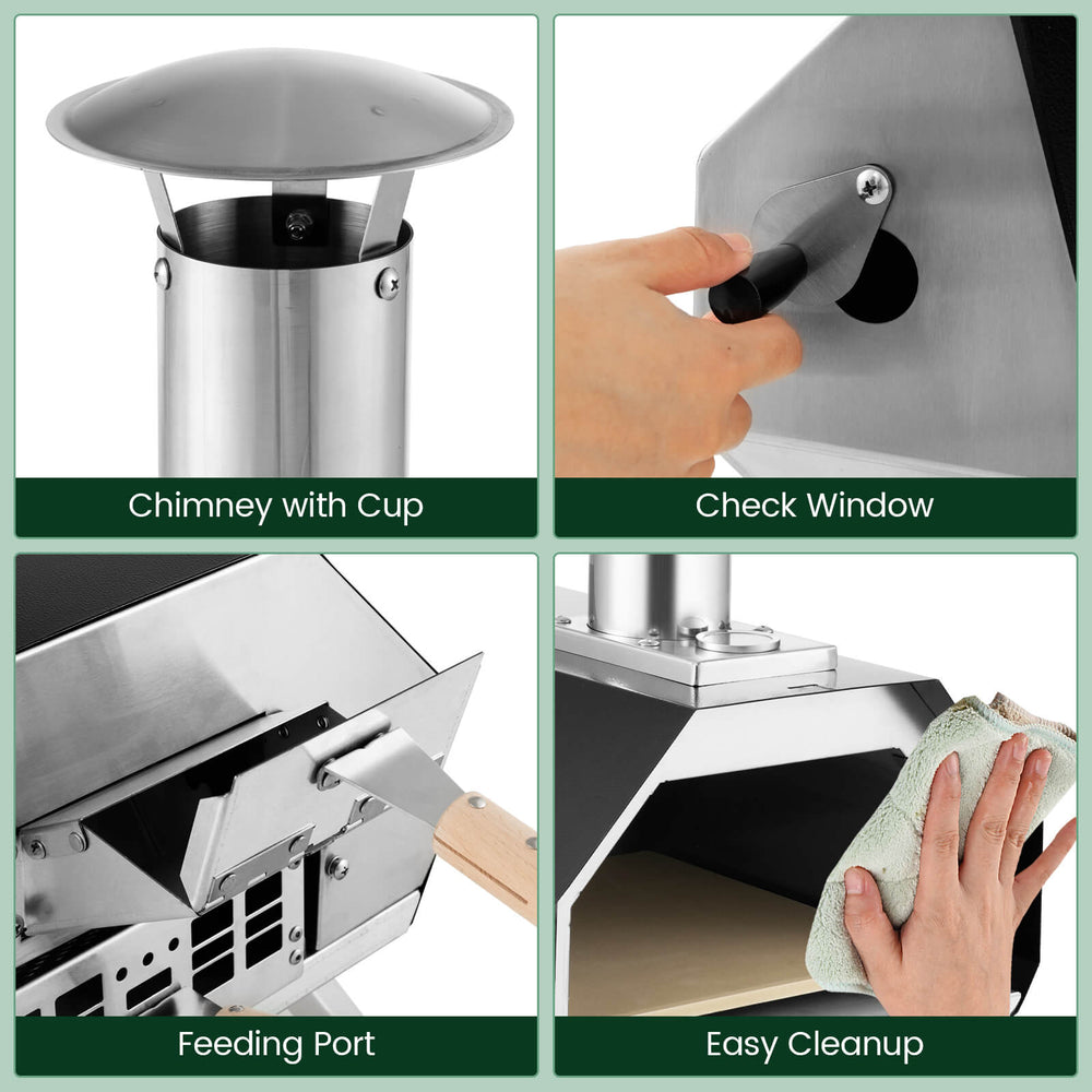 Chimney with cup, check window, feeding port, and easy cleanup features of the black outdoor pizza oven for camping.