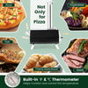 Outdoor pizza oven with pizza stone, foldable legs, and built-in thermometer for cooking pizza, steak, and vegetables.
