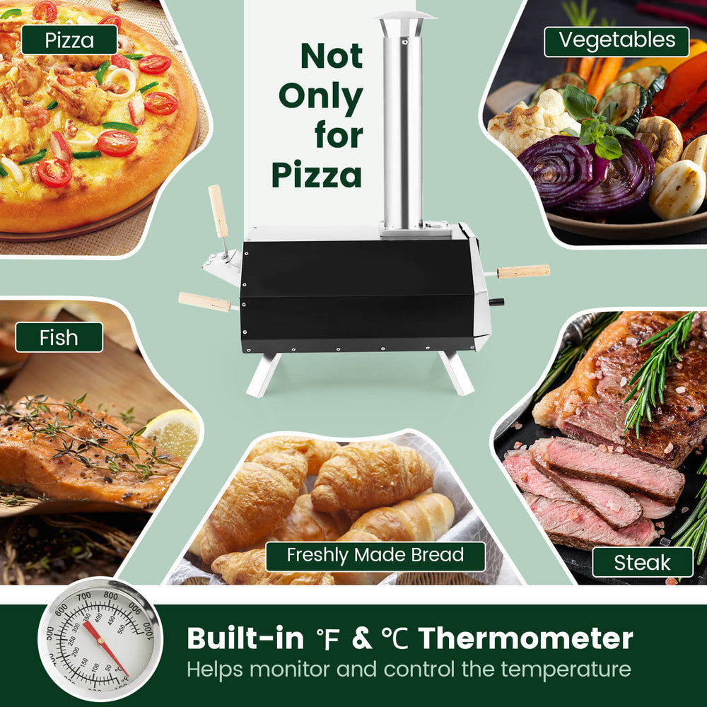 Outdoor pizza oven with pizza stone, foldable legs, and built-in thermometer for cooking pizza, steak, and vegetables.