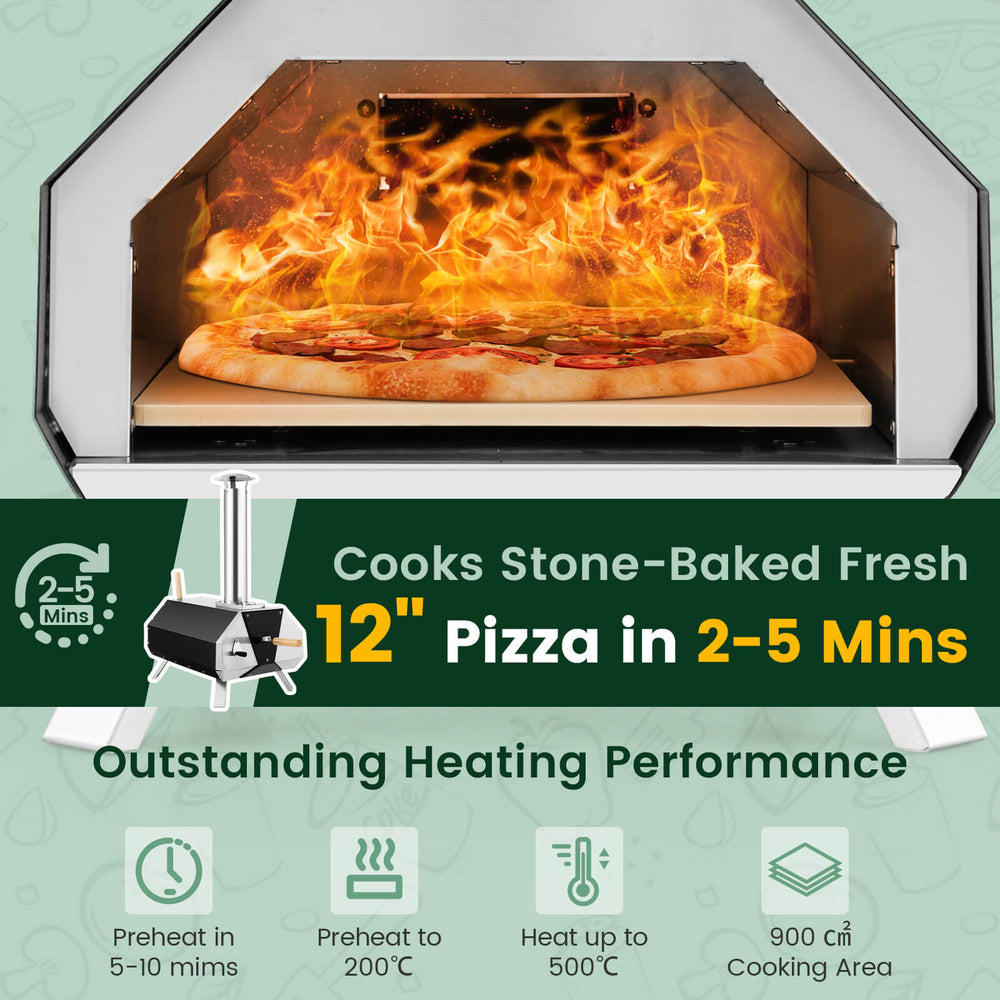 Outdoor pizza oven with pizza stone, cooking 12" pizzas in 2-5 minutes, featuring foldable legs for easy transport.