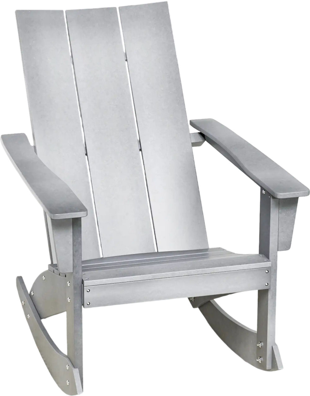Gray Adirondack rocking chair with curved backrest and rounded armrests, perfect for outdoor balcony relaxation.