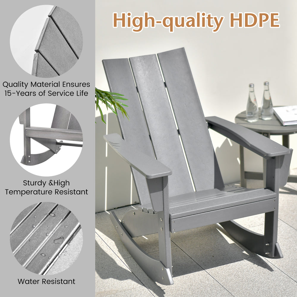 Adirondack rocking chair in gray with curved back, made of durable HDPE, perfect for outdoor balcony relaxation.