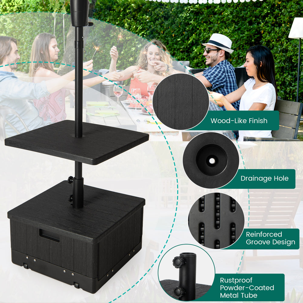 Outdoor fillable umbrella base with table tray in black, featuring a wood-like finish and drainage hole for stability.