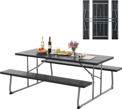 Costway Picnic Table Folding Design All-Weather HDPE Tabletop with Metal Frame and Umbrella Hole New