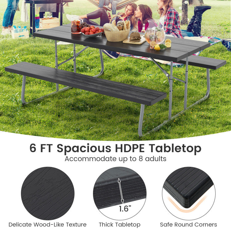 fold up patio table umbrella hold Folding Picnic Table Set with Metal Frame and All-Weather HDPE Tabletop Umbrella Hole-Green