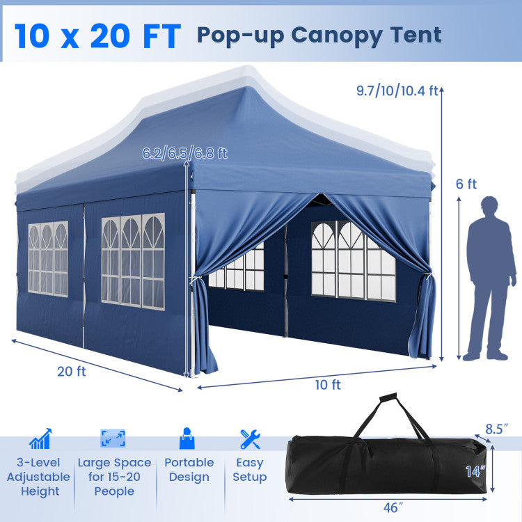 costway pop up tent 10 x 20 ft Pop up Canopy with 6 Sidewalls and Windows and Carrying Bag for Party Wedding Picnic-Black
