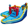 Inflatable water park with slide, splash pool, and water cannon for summer fun, featuring a bounce house and climbing.