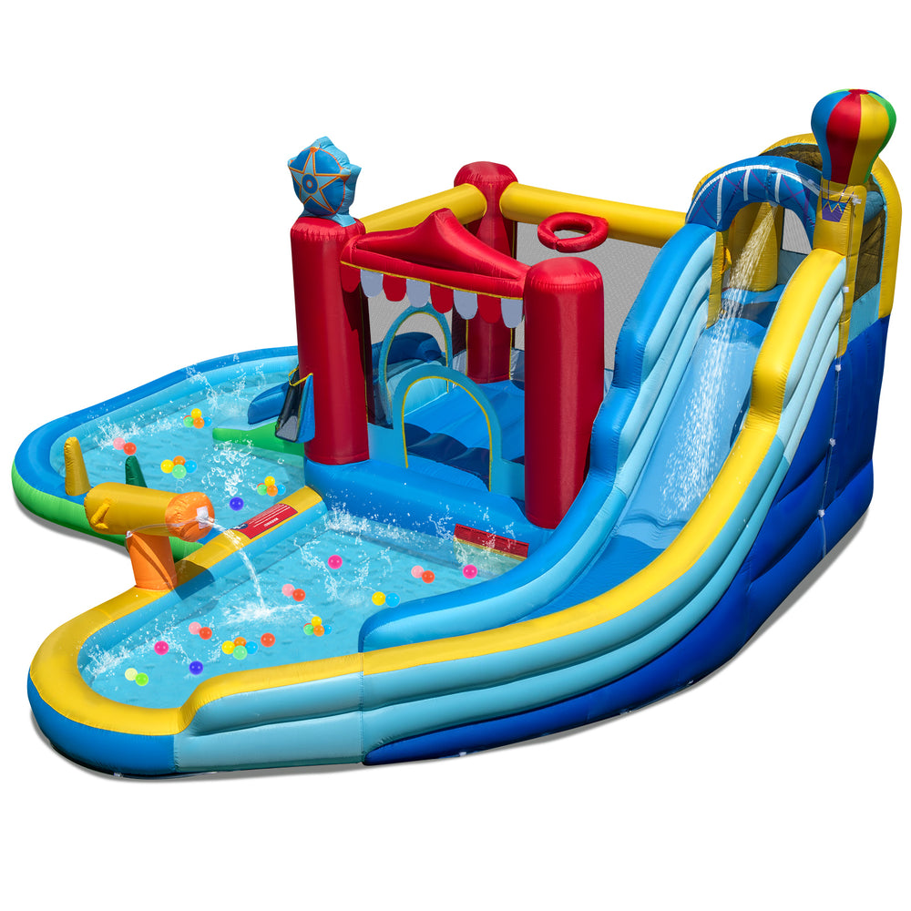 Inflatable water park featuring a slide, splash pool, and water cannon for summer fun at birthday parties and.