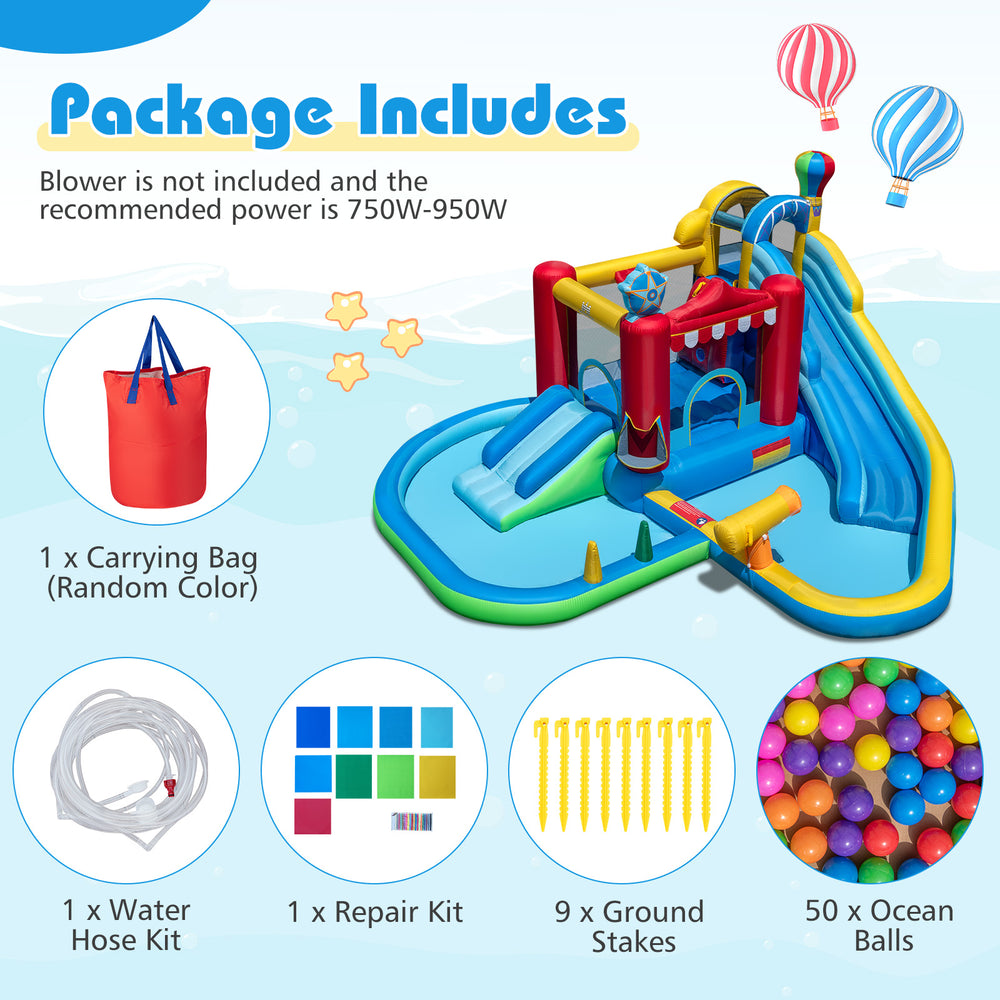 Inflatable water park with splash pool, water cannon, and bounce house for summer fun at birthday parties and.