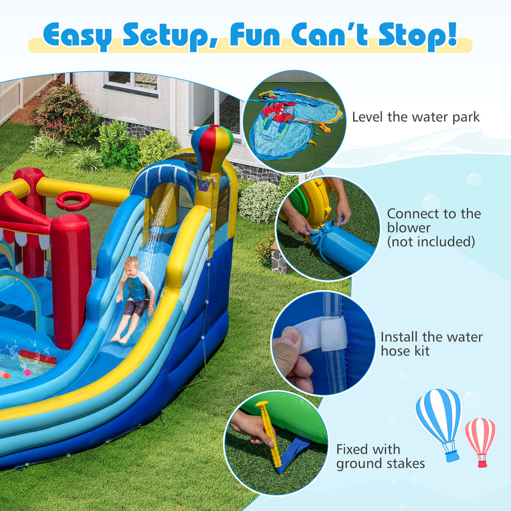 Inflatable water park with slide, splash pool, and water cannon for outdoor fun at birthday parties and gatherings.