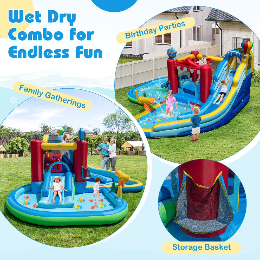 Inflatable water park featuring a slide, splash pool, and water cannon for birthday parties and family gatherings.