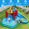 Inflatable water park with splash pool, water slide, and climbing wall for kids' outdoor fun and birthday parties.