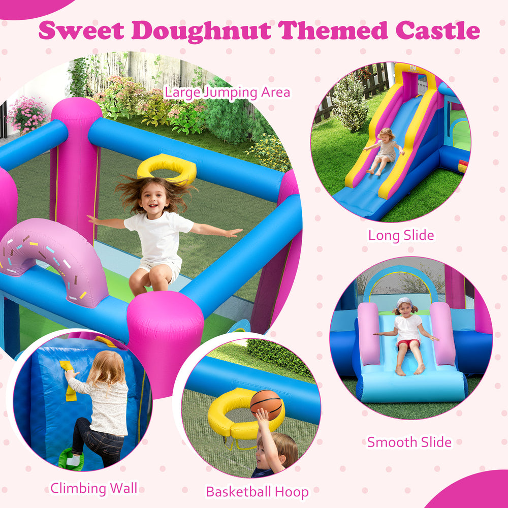 Sweet doughnut themed inflatable bounce house with slides, climbing wall, and basketball hoop for backyard fun.