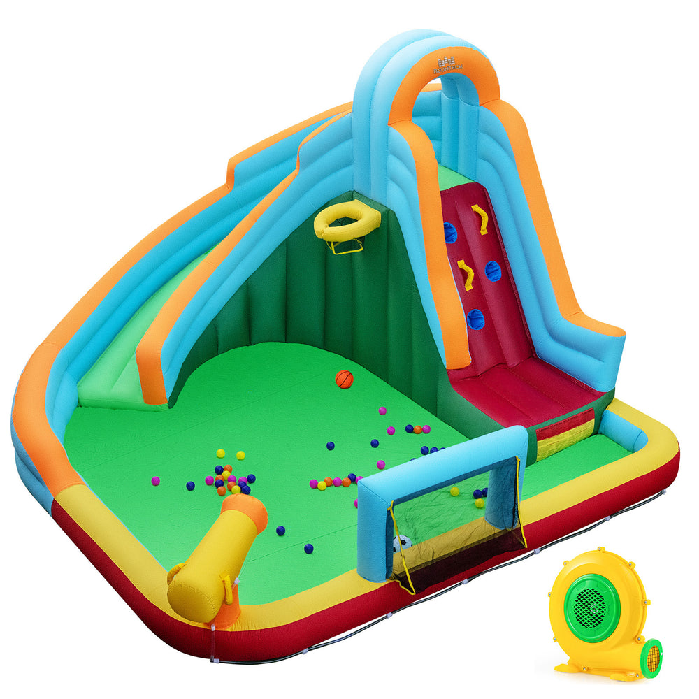 Giant inflatable water slide park with climbing wall, splash pool, and basketball hoop for outdoor fun and active play.