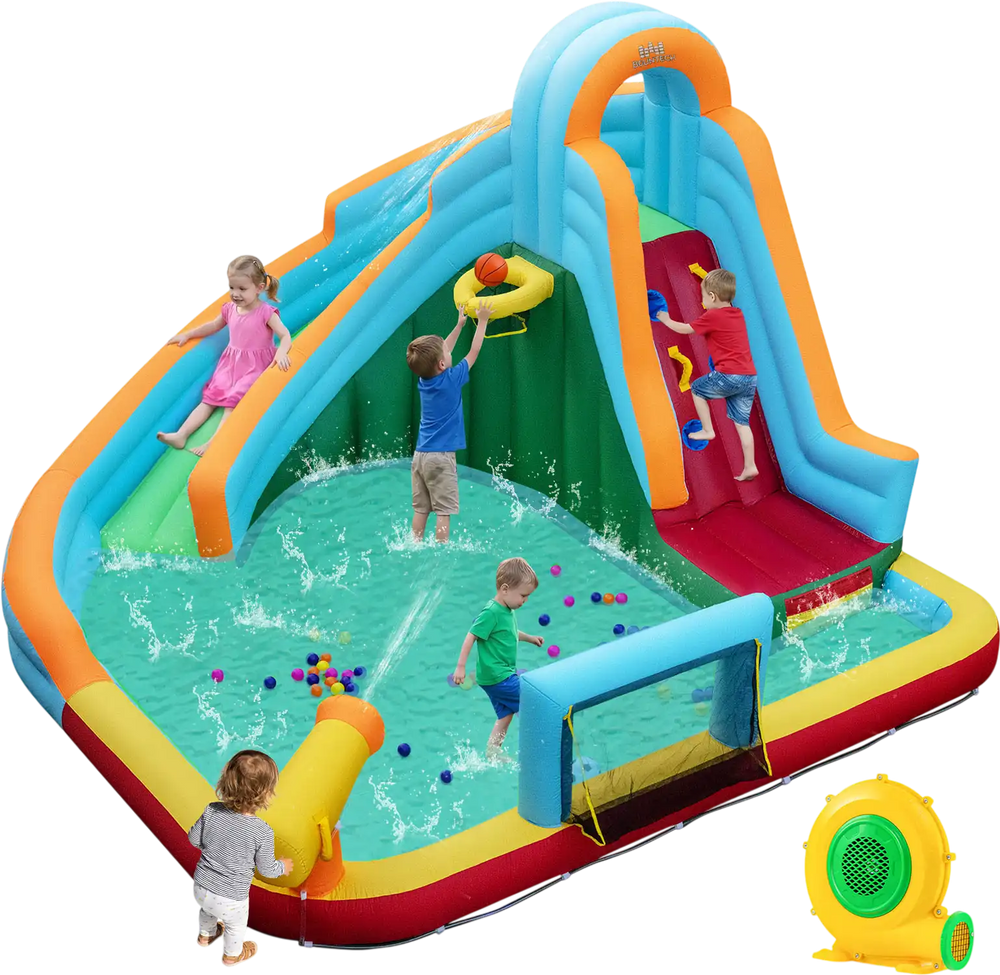 Inflatable Water Slide Park 6-in-1 Giant Bounce House with Long Slide Splash Pool Climbing Wall