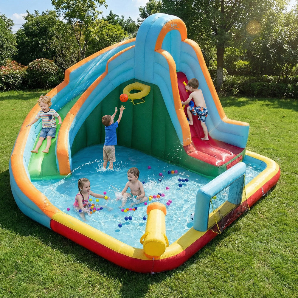 Inflatable Water Slide Park featuring a long slide, climbing wall, and splash pool for kids' outdoor fun.