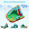 Inflatable Water Slide Park with dimensions, featuring a long slide, splash pool, climbing wall, and safety handrails.