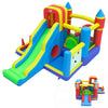 Bright inflatable bounce house featuring a slide, climbing wall, ball pit, and various games for indoor and outdoor play.