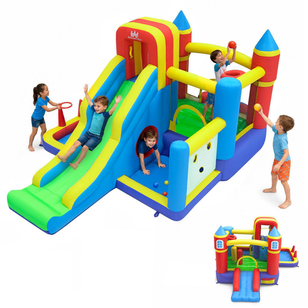 Colorful inflatable bounce house with slide, ball pit, climbing wall, and multiple activities for kids' outdoor fun.