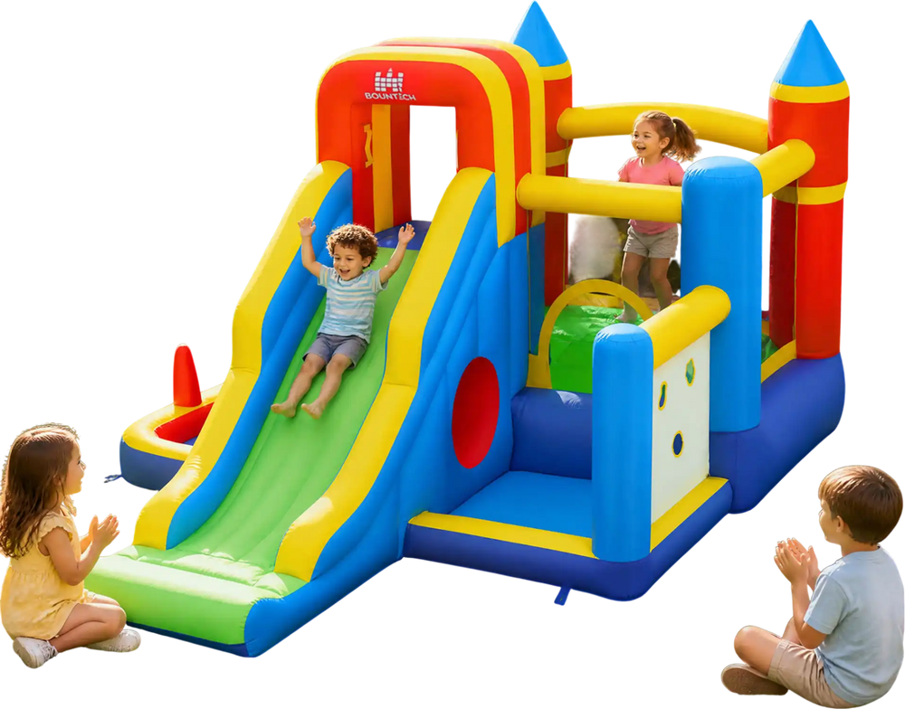 Colorful inflatable bounce house with slide, ball pit, climbing wall, and games for kids' outdoor fun and active play.