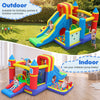 Inflatable bounce house featuring a slide, ball pit, climbing wall, and multiple games for indoor and outdoor fun.