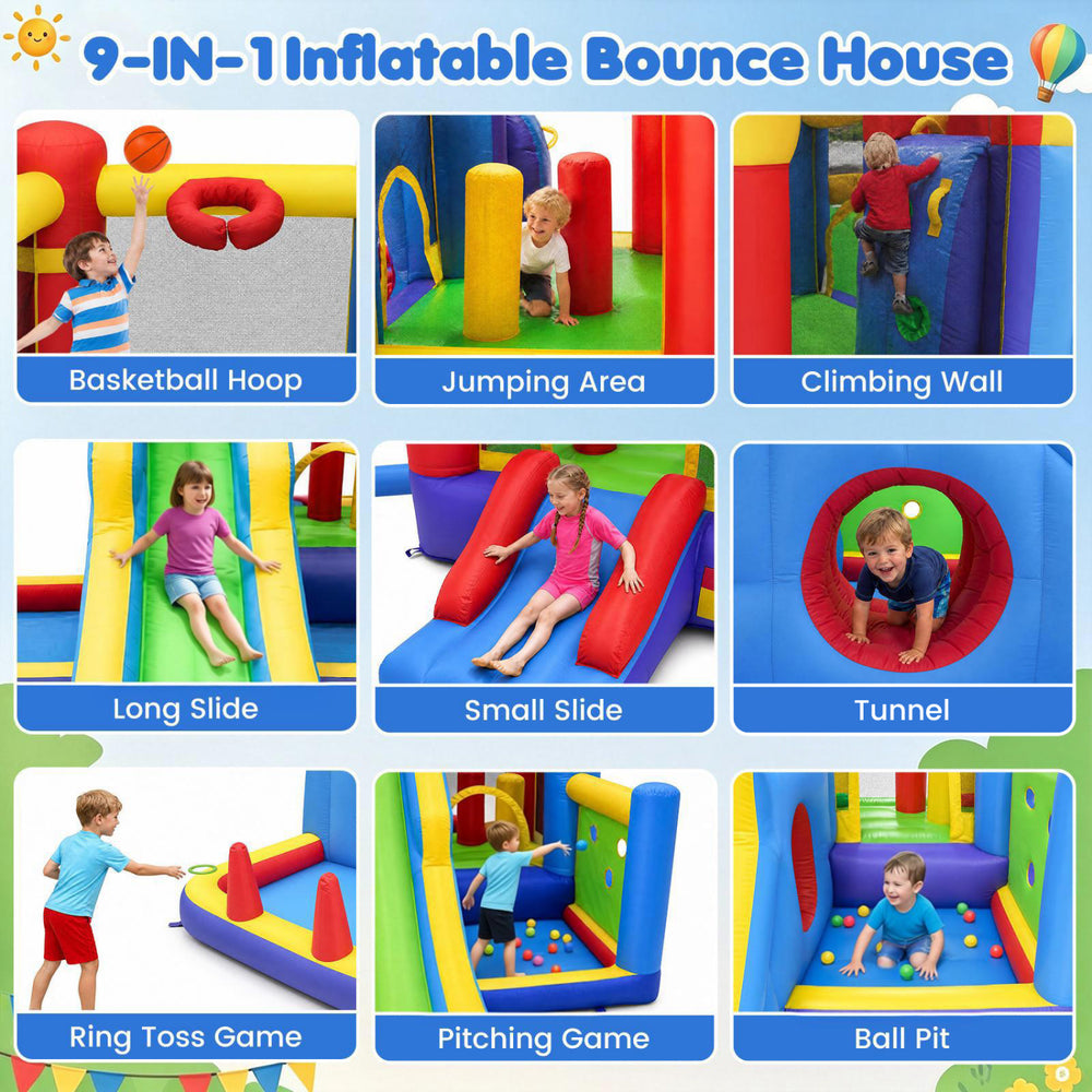 Colorful 7-in-1 inflatable bounce house features a slide, climbing wall, ball pit, and basketball hoop for outdoor fun.