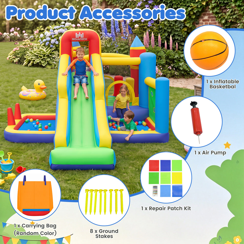 Inflatable bounce house accessories include a carrying bag, air pump, basketball, stakes, and repair patch kit for easy setup.