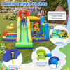 Inflatable bounce house featuring a slide, ball pit, climbing wall, and various games for kids' indoor or outdoor fun.