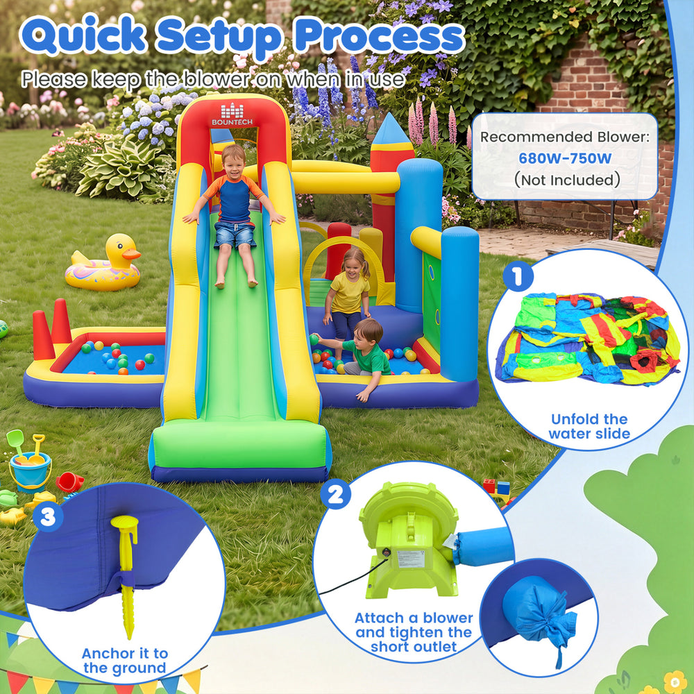 Inflatable bounce house featuring a slide, ball pit, climbing wall, and various games for kids' indoor or outdoor fun.