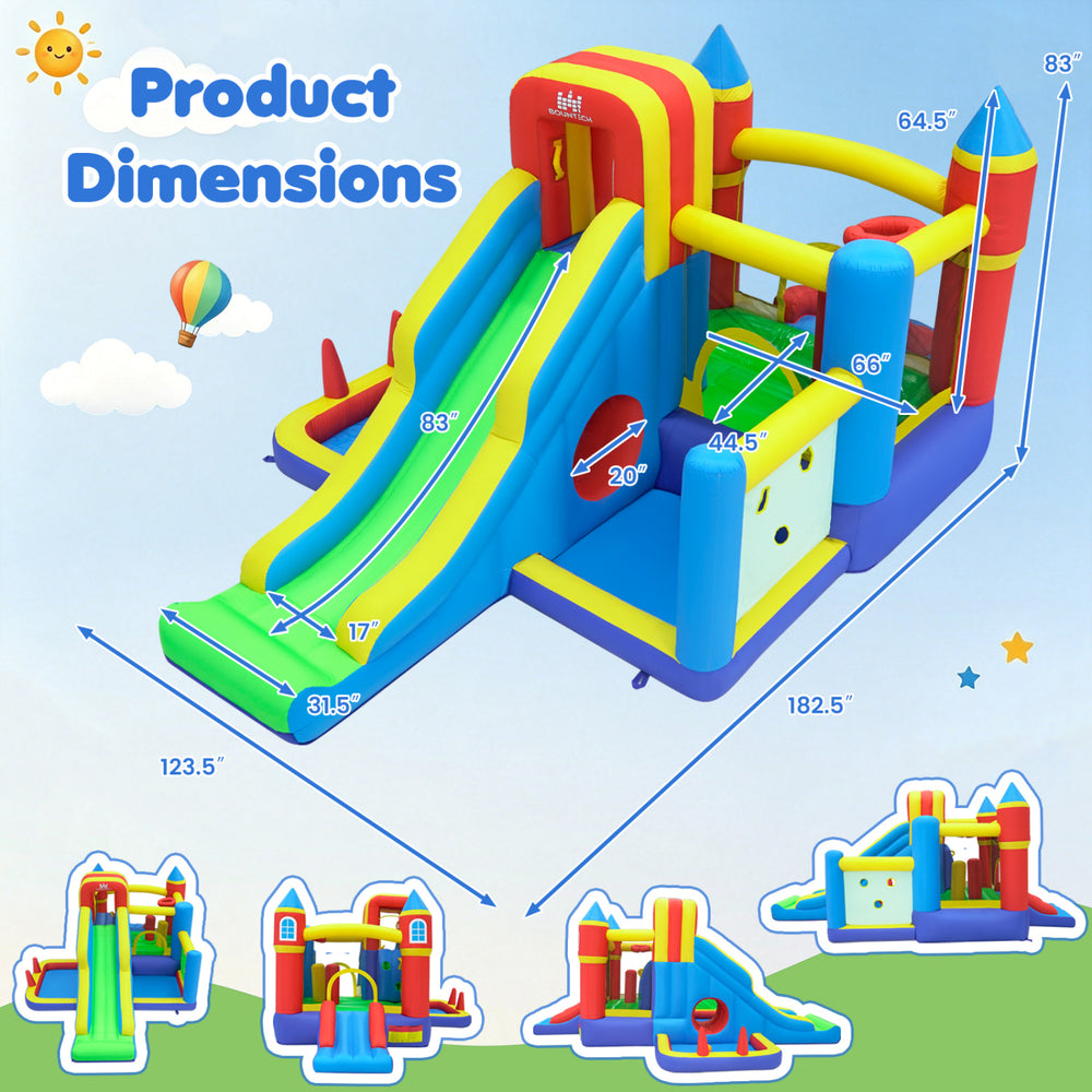 Colorful inflatable bounce house with slide, ball pit, climbing wall, and multiple activities for kids' outdoor fun.