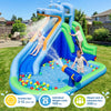 Hippo-themed inflatable water slide features a climbing wall, splash pool, and water gun for outdoor fun in the backyard.