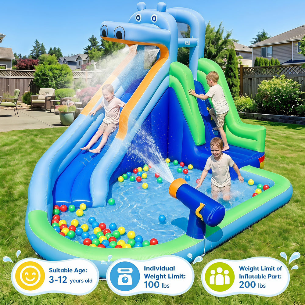 Hippo-themed inflatable water slide features a climbing wall, splash pool, and water gun for outdoor fun in the backyard.
