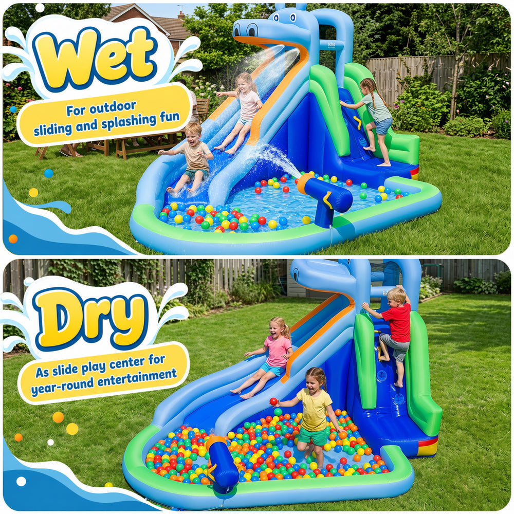 Hippo-themed inflatable water slide for kids features a long slide, climbing wall, splash pool, and water gun for outdoor fun.