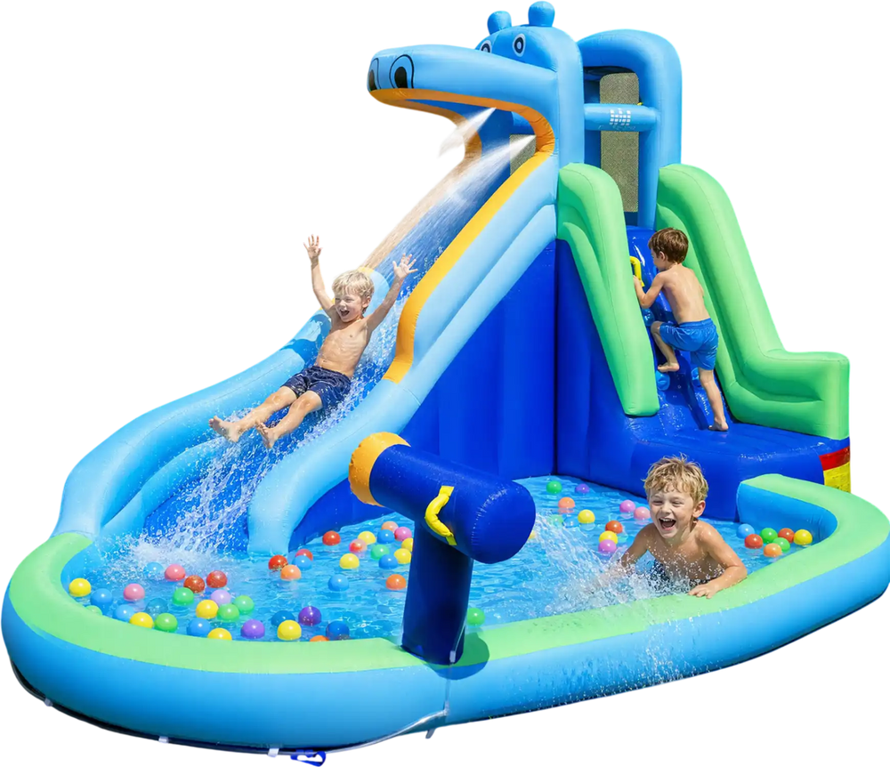 Hippo-themed inflatable water slide includes vibrant colors and safe design, perfect for hours of outdoor play and excitement.