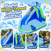 Hippo-themed inflatable water slide includes a splash pool and water gun for interactive outdoor play and fun.