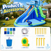Hippo-themed inflatable water slide features a long slide, climbing wall, splash pool, and water gun for backyard fun.