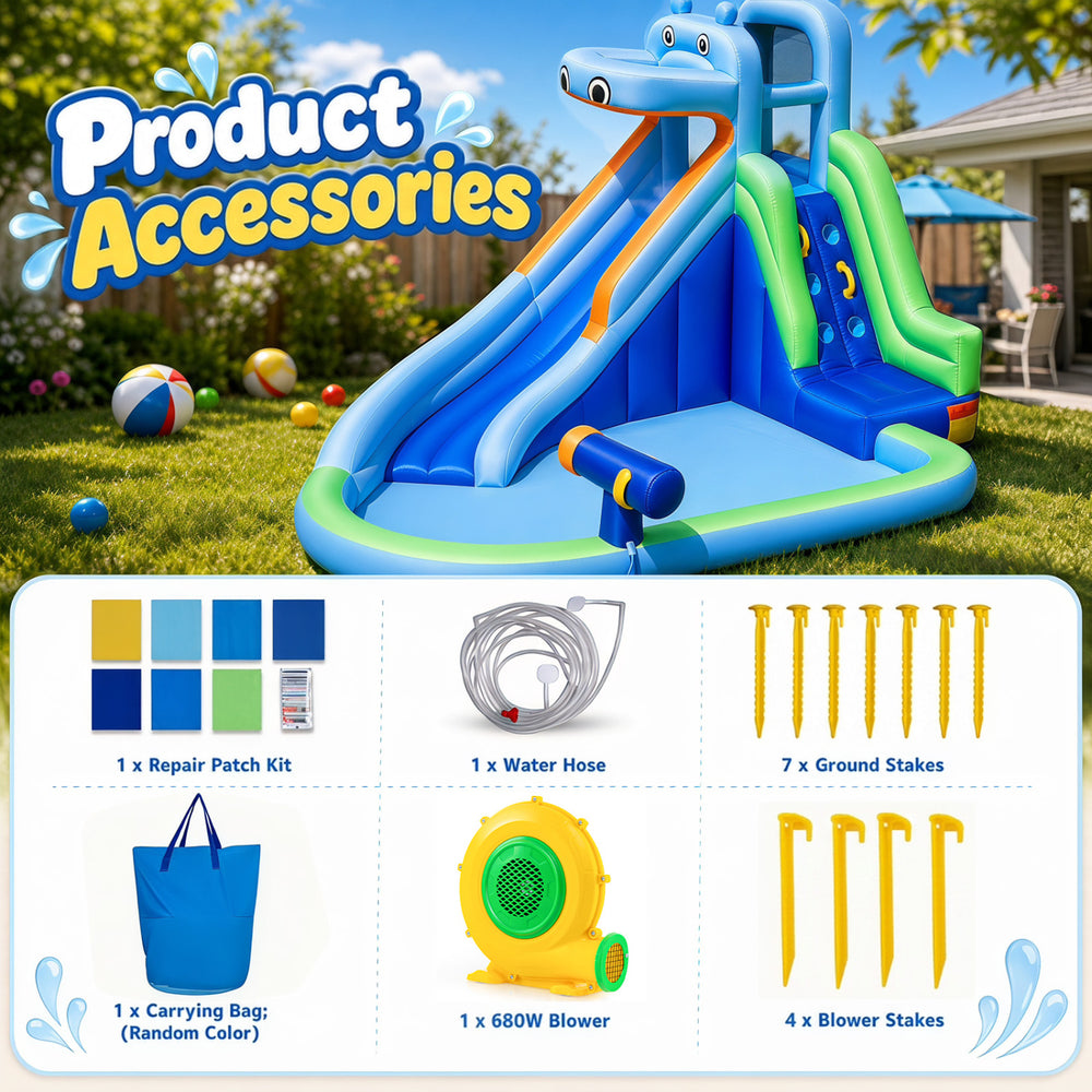 Hippo-themed inflatable water slide features a long slide, climbing wall, splash pool, and water gun for backyard fun.