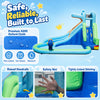Hippo-themed inflatable water slide features a climbing wall, splash pool, and water gun for outdoor fun.