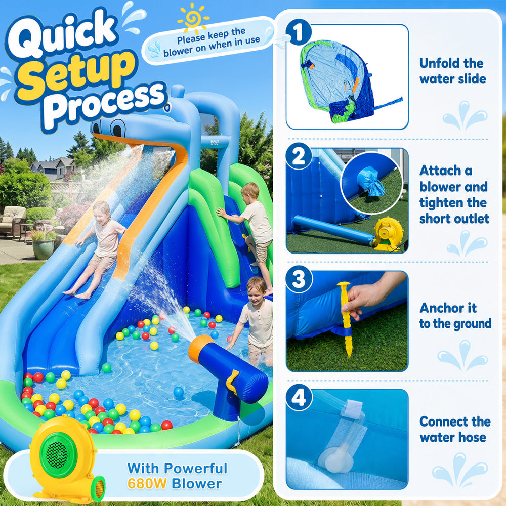 Hippo-themed inflatable water slide offers a quick setup with a powerful blower, ensuring hours of backyard fun.