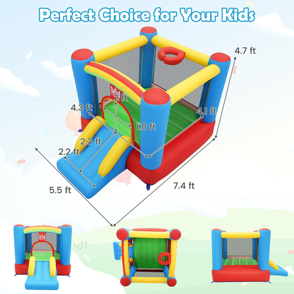 Rainbow Castle Inflatable Bounce House features a colorful design with a slide, basketball hoop, and spacious jumping area for kids.